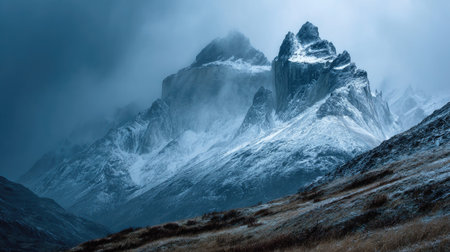 Experience the breathtaking beauty of remote snow-capped mountains piercing through dark clouds, showcasing nature's dramatic wilderness masterpiece.の素材