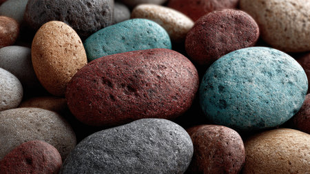 An artistic display of colorful pebbles and stones showcasing a variety of textures and shapes, perfect for backgrounds, crafts, and nature-themed projects.の素材