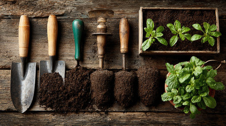 Discover an inspiring arrangement of gardening tools and fresh plants over a rustic wooden surface, perfect for gardening enthusiasts and home growers.の素材