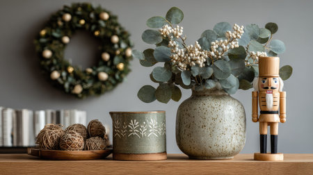 A beautiful and inviting holiday scene featuring a nutcracker among eucalyptus sprigs, a decorative vase, and a festive wreath, ideal for seasonal decor.の素材