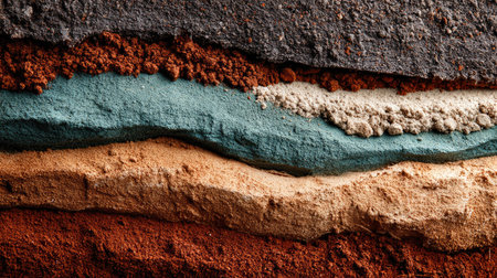 A close-up view of layered natural powders in an array of colors, highlighting unique textures and patterns perfect for artistic or educational projects.の素材