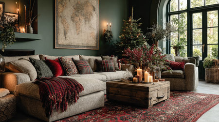 This inviting living room features lush green walls, a cozy sofa adorned with decorative pillows, soft lighting, and seasonal decor that creates a warm vibe perfect for gatherings.の素材