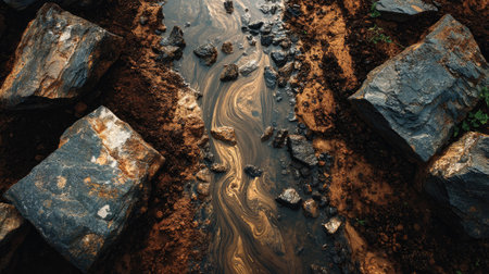 A captivating view featuring a winding stream of water surrounded by rough stones and earthy soil. Ideal for nature-themed projects or outdoor adventures.の素材
