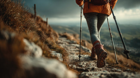 A determined hiker navigates a rocky mountain trail, using hiking poles to enhance stability while enjoying the breathtaking landscape and dynamic sky.の素材