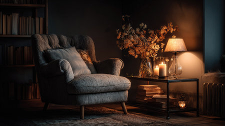 A cozy living room corner featuring an elegant armchair, warm light from a lamp, decorative flowers, and a well-stocked bookshelf, creating an inviting atmosphere that inspires relaxation and comfort. Ideal for interior design ideas.の素材