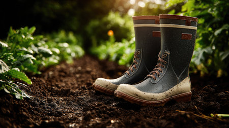 A pair of well-worn gardening boots sits on a dark, rich soil path, surrounded by lush green plants. The scene invites a sense of tranquility and nature.の素材