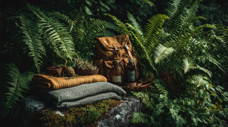 Enjoy a serene outdoor picnic scene featuring a leather backpack, cozy blankets, and wooden elements nestled among lush greenery, perfect for relaxation.の素材