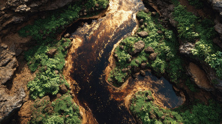 Explore the exquisite natural landscape featuring a winding stream surrounded by vibrant greenery and rocky formations, embodying pure tranquility.の素材