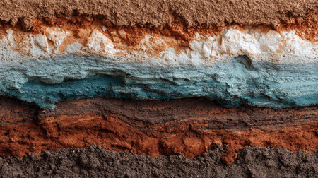 This image showcases a vivid cross-section of Earth's layers, highlighting the intricate textures and rich colors of soil and sediment. Perfect for educational and scientific purposes.の素材