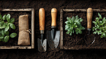 This image captures gardening tools along with fresh herbs in rustic wooden boxes, set against a dark, rich soil background, showcasing gardening activities.の素材