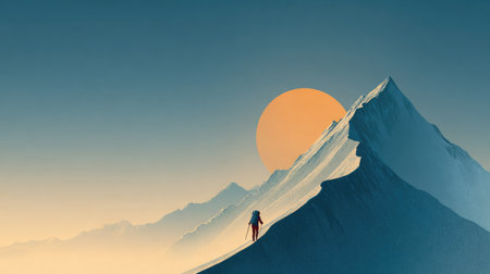 An inspiring image of a solitary climber ascending a snow-covered mountain, with a vibrant sunrise illuminating the landscape, capturing the essence of adventure and exploration.の素材
