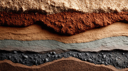This captivating image showcases the intricate layers of earth, highlighting the variety of textures and colors found in soil and minerals. Perfect for educational and environmental contexts.の素材