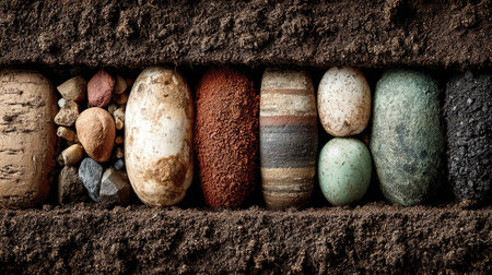 This captivating image showcases a variety of stones and organic materials layered in soil, perfect for geological studies, nature enthusiasts, and educational resources.の素材