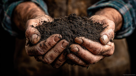 A closeup image of hands holding dark, rich soil showcases the connection between nature and agriculture, emphasizing the beauty of raw earth elements.の素材