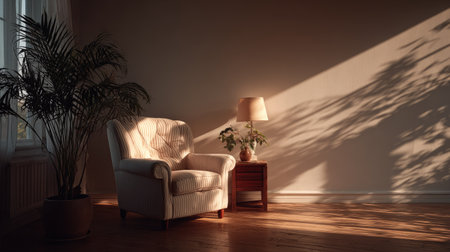 A serene living room scene featuring a vintage armchair, a soft plant, and a lamp, bathed in warm sunlight creating a tranquil atmosphere perfect for relaxation.の素材