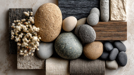 A captivating arrangement of natural stones, textured fabrics, and delicate florals creates an inviting aesthetic ideal for design projects and artistic inspiration.の素材
