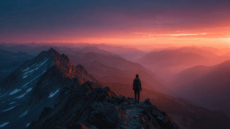 A captivating scene of a hiker standing atop a rocky ridge, gazing at a breathtaking sunset over a sprawling mountain range. The sky is alive with vibrant hues.の素材