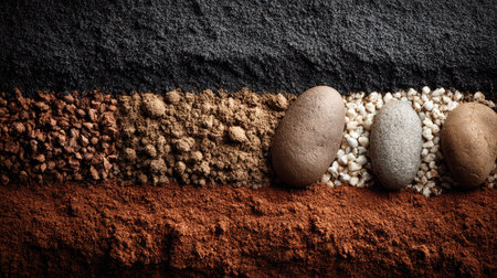 A captivating display of different soil types and stones, featuring rich textures and colors ideal for nature-themed projects and environmental concepts.の素材