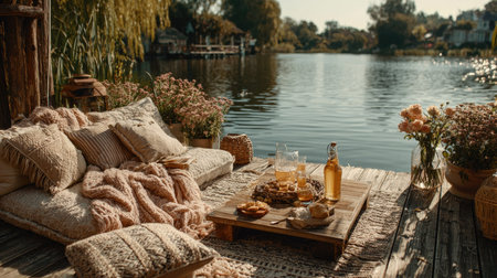 This image captures a cozy picnic setup by the lake, featuring snacks and drinks surrounded by beautiful flowers, creating a serene and inviting atmosphere perfect for relaxation.の素材