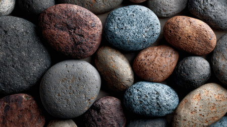 A captivating arrangement of various pebbles and stones showcasing unique textures and colors. Ideal for use in nature-themed projects or decorative purposes.の素材