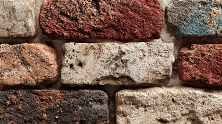This image features a close-up view of a weathered brick wall, showcasing rich textures and an array of colors. Ideal for backgrounds and architectural projects, this brick pattern highlights the unique character of rustic masonry.の素材