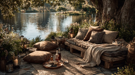 A serene lakeside setting featuring rustic furniture, soft pillows, and ambient lighting, perfect for relaxation and leisurely moments surrounded by nature.の素材