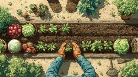 A vibrant scene of hands carefully planting fresh vegetables in a well-maintained garden, showcasing the beauty of nature, growth, and sustainable practices.の素材