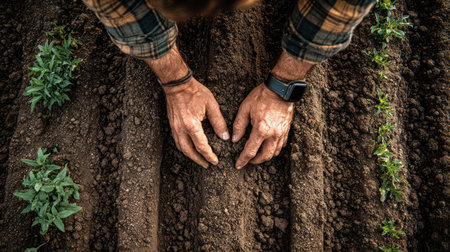 A close-up view of hands planting seeds into rich, dark soil, illustrating the care and dedication involved in gardening. Fresh green plants surround the planting area, emphasizing growth and nurturing in a natural outdoor environment.の素材