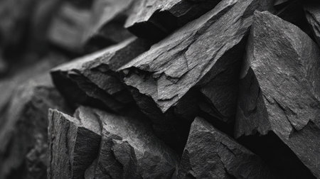 This image captures a close-up view of dark rocks with sharp edges and intricate layers, perfect for artistic or environmental design use.の素材