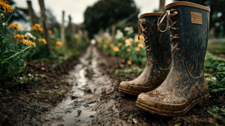 A pair of muddy rubber boots stand on a dirt path in a vibrant garden filled with colorful flowers. The image captures the essence of outdoor gardening and rural life.の素材