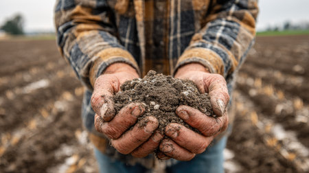 A close-up of hands holding rich soil, showcasing the earthy texture and organic matter, surrounded by a plowed agricultural field in the background.の素材