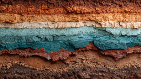 This striking image showcases a geological cross-section with vibrant colors, displaying the layers of soil and rock. The various textures reveal the intricate processes that shape our Earth. Perfect for educational or environmental themes.の素材