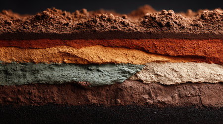 This close-up image showcases vibrant layers of colorful powders, highlighting various textures and tones. Ideal for artistic projects and culinary inspiration.の素材