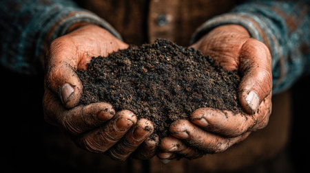 A close-up image of hands gently cradling dark, rich soil. The texture and earthy tones highlight the importance of soil in gardening and farming practices.の素材