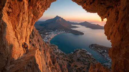 A solitary hiker stands on a narrow rock pathway, capturing the breathtaking view of a serene coastal landscape at sunset, surrounded by majestic mountains.の素材