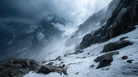 A breathtaking view of a snowy mountain landscape under dark clouds and mist. The rocky terrain creates a dramatic atmosphere, ideal for outdoor adventures.の素材