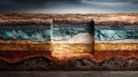 Detailed depiction of geological layers illustrating diverse textures and colors of soil and rock, showcasing nature's beauty and complexity in an abstract form.の素材