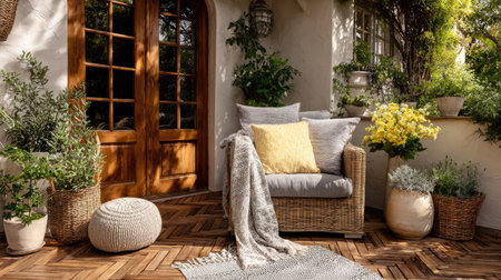A charming outdoor seating area featuring a cozy wicker chair adorned with cushions and a blanket. Surrounding plants bring life and tranquility, creating a welcoming retreat.の素材