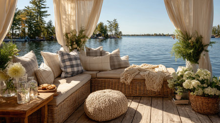A cozy waterfront seating area invites relaxation with soft cushions and natural decor, framed by lush greenery and serene water views, perfect for leisure.の素材