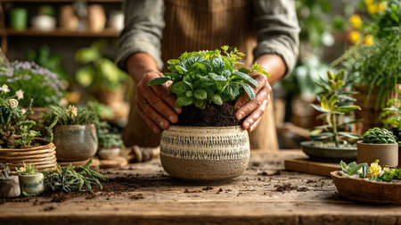 A serene moment captured of hands planting a fresh green herb into a natural pot, highlighting the joy of gardening with vibrant indoor plants around.の素材