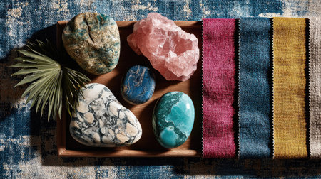 A visually striking arrangement of colorful natural stones and textured textiles set against a vibrant blue background, evoking creativity and tranquility.の素材
