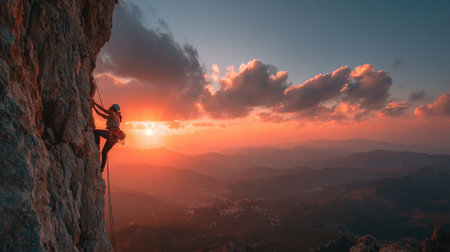A climber scales a rugged cliffside against a stunning sunset, showcasing the spirit of adventure and the beauty of nature in a breathtaking landscape.の素材