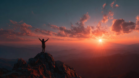 A breathtaking view of a person silhouetted atop a rocky mountain peak, celebrating the vibrant colors of a sunset sky, evoking emotions of freedom and tranquility.の素材