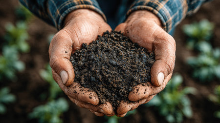 Close-up image of hands cradling dark, nutrient-rich soil, emphasizing the importance of soil health in gardening and agriculture against green plants.の素材