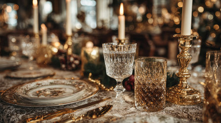 Capture the essence of elegance with this beautifully arranged table setting featuring crystal glassware, gold candlesticks, and fine china, perfect for any festive dining occasion.の素材