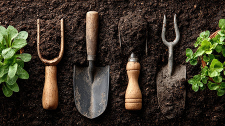 A visually appealing arrangement of gardening tools resting on rich dark soil, accompanied by vibrant green plants, showcasing the essence of gardening and nature.の素材