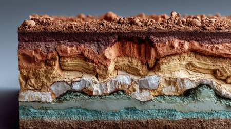 This artistic representation features a close-up view of layers resembling soil and dessert, showcasing vibrant colors and textures that inspire creativity.の素材