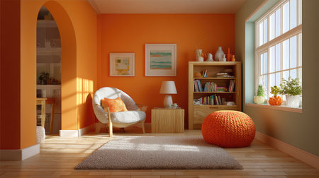 This vibrant living room showcases warm orange accents, inviting natural light, and modern furniture, creating a cozy and stylish atmosphere perfect for relaxation.の素材