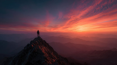 A captivating scene of a hiker silhouetted against a vibrant sunset atop a mountain peak, showcasing breathtaking landscapes and tranquil colors.の素材