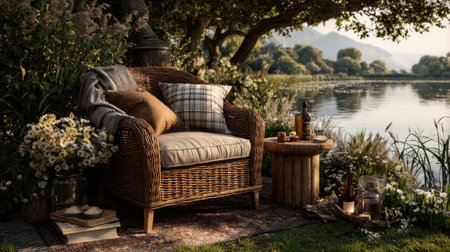 A serene outdoor setting featuring a cozy wicker chair adorned with soft blankets, surrounded by blooming flowers and a calming lake view, perfect for relaxation.の素材